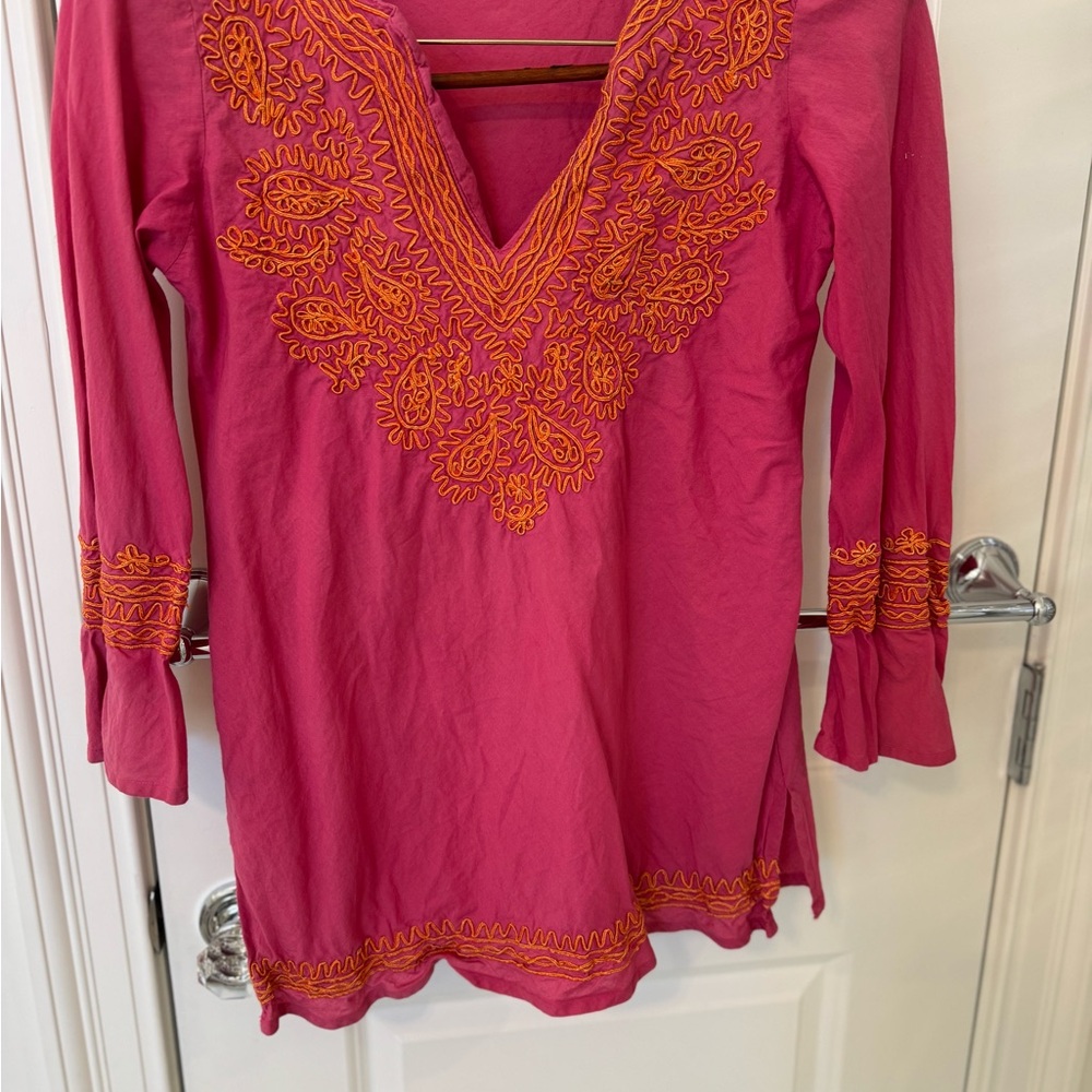 Solitaire hot pink Tunic with Orange Embroidery, 100% cotton